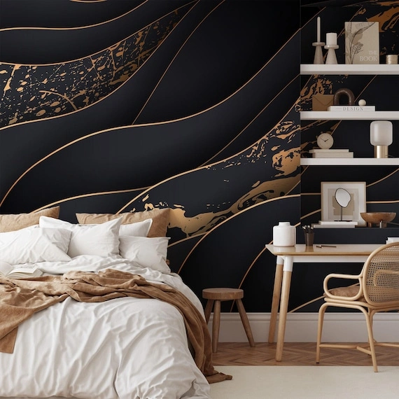 Dark patterned wallpaper used as a bedroom feature wall