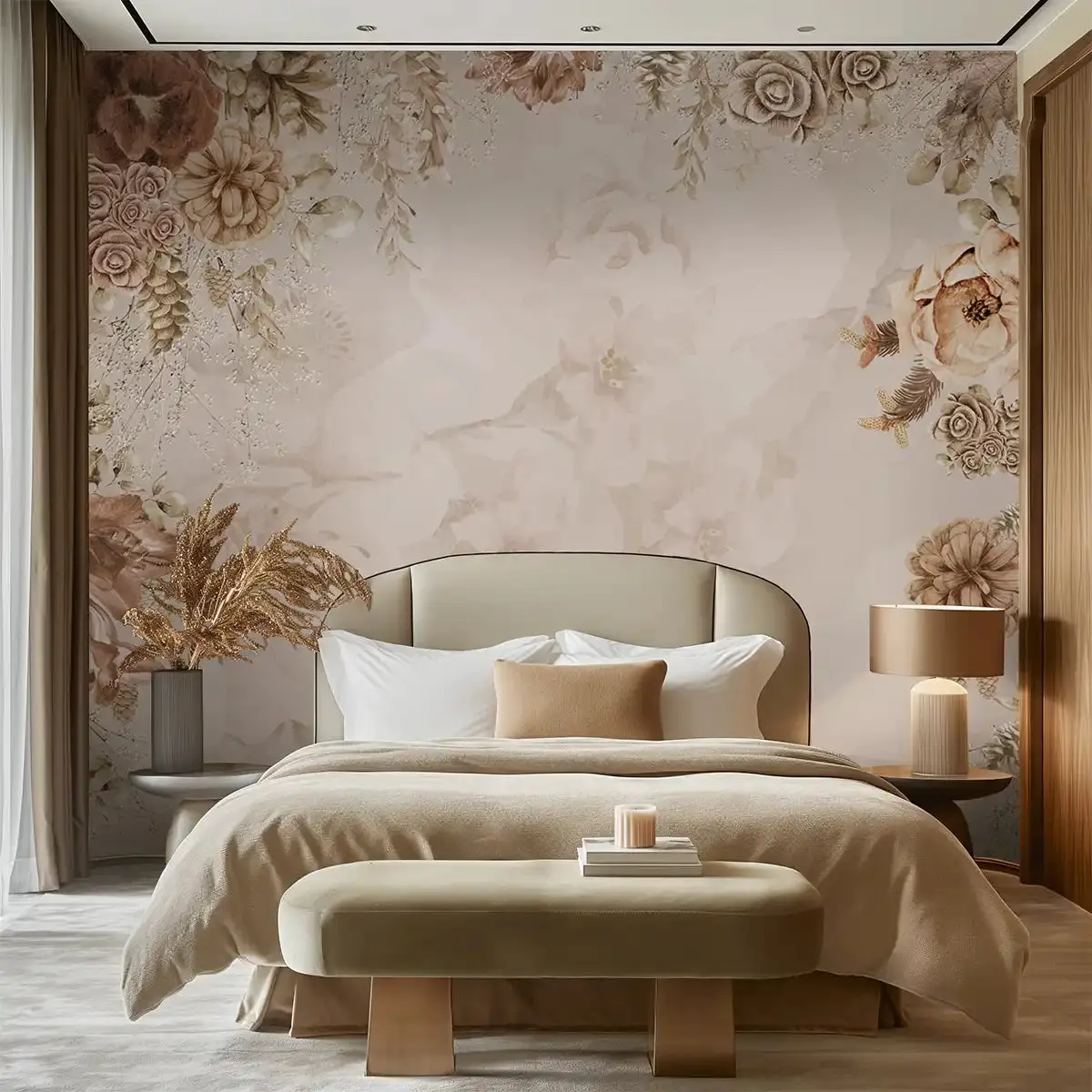 Quiet wallpaper pattern in a softly lit bedroom
