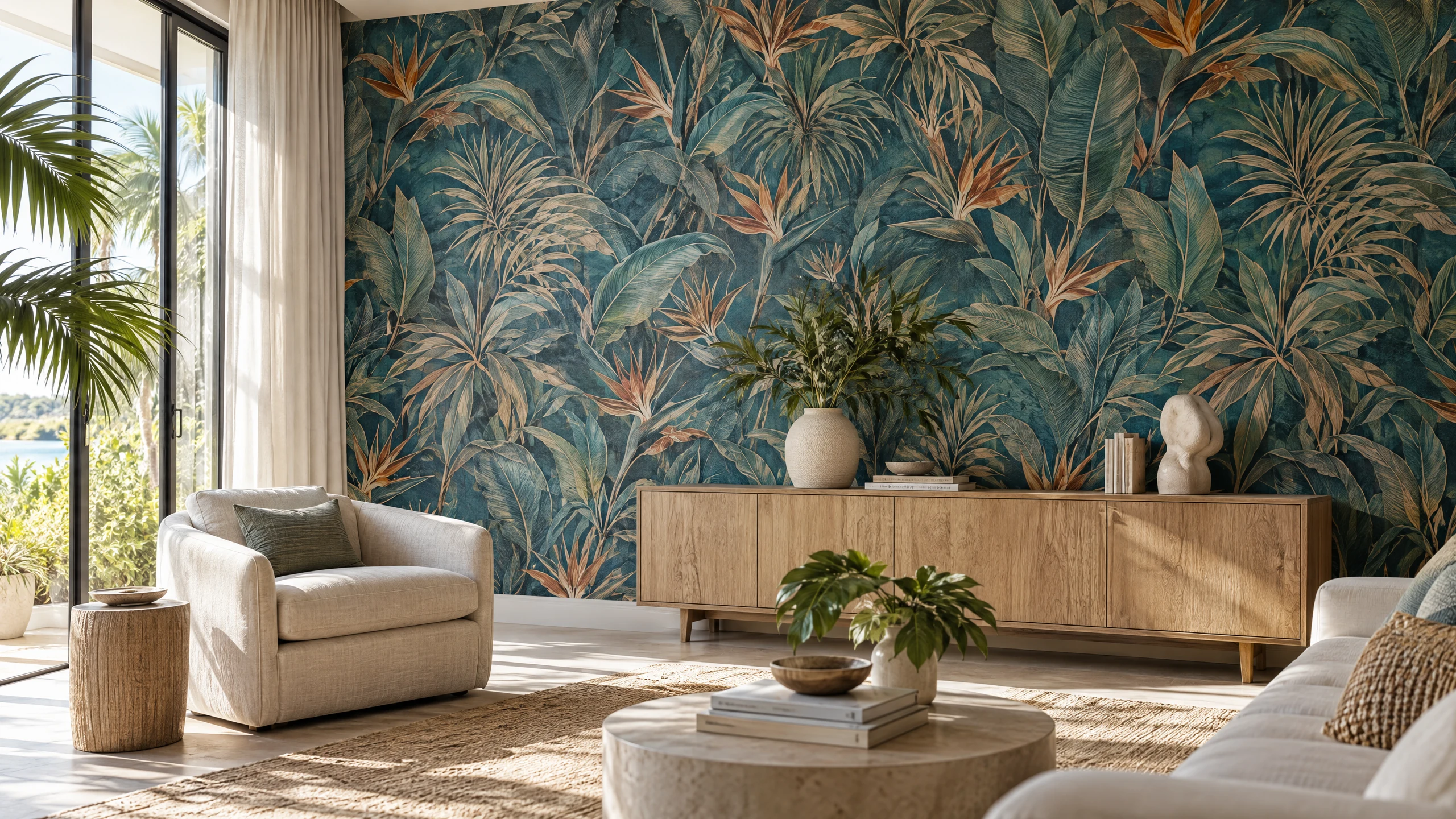 Sunlit living room with a deep teal botanical wallpaper feature wall