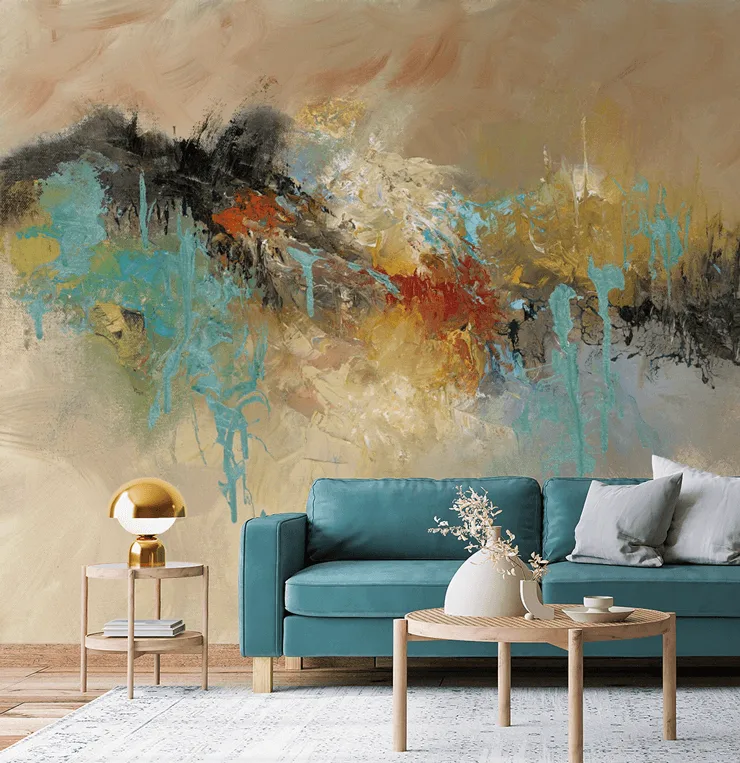 Large-scale mural wallpaper behind a living room sofa