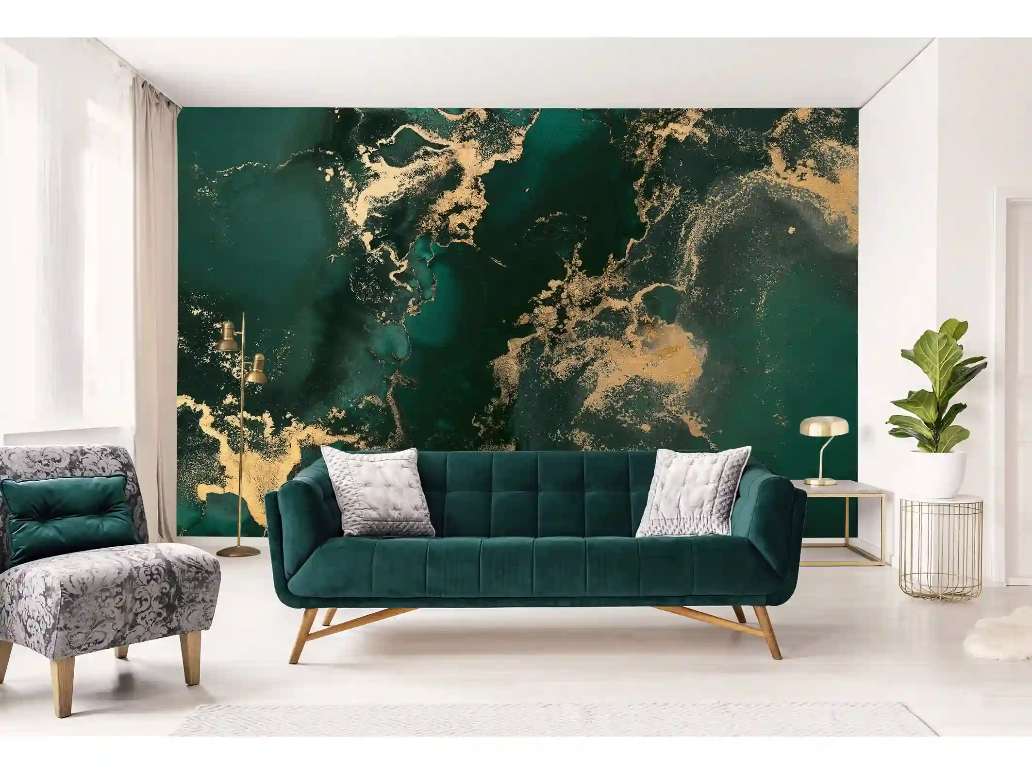 A bold teal patterned wallpaper wall behind a modern living room arrangement
